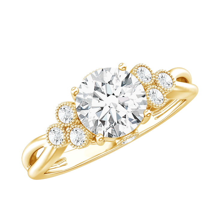 Rosec Jewels 2 Carat Solitaire Lab Diamond Engagement Ring with a diamond trio setting, featuring a sleek gold band and sparkling stones.