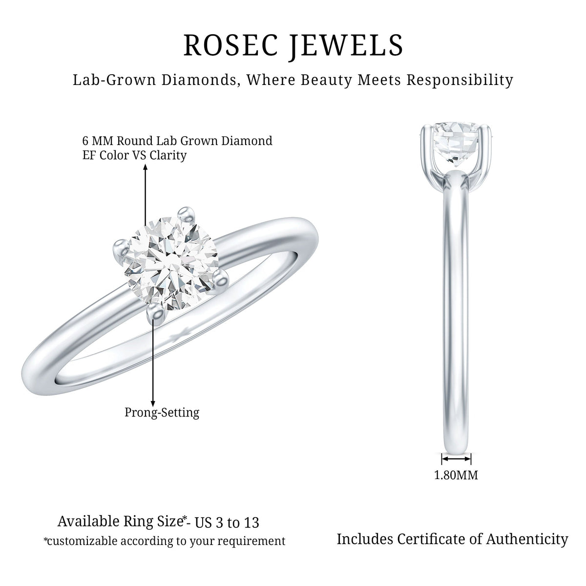 Certified Lab Grown Diamond 6 MM Round Cut Engagement Ring