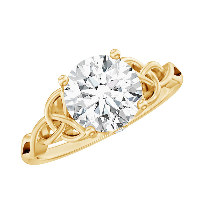 Certified 2 Carat round lab-grown diamond Celtic engagement ring by Rosec Jewels with intricate metalwork and sparkling diamond centerpiece.