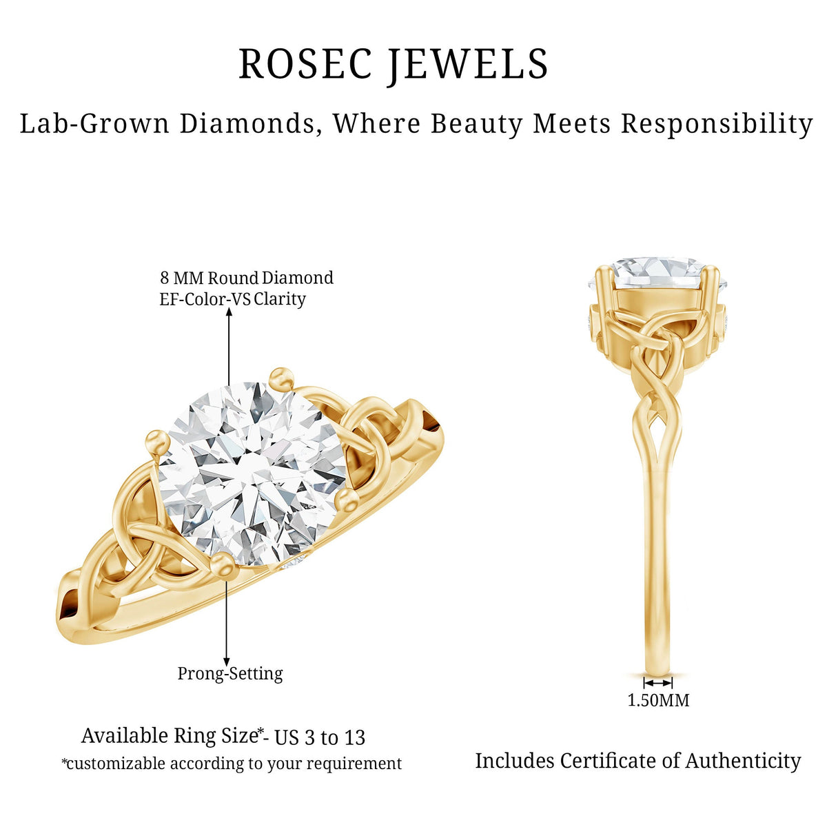 Certified 2 Carat Round Lab Grown Diamond Celtic Engagement Ring