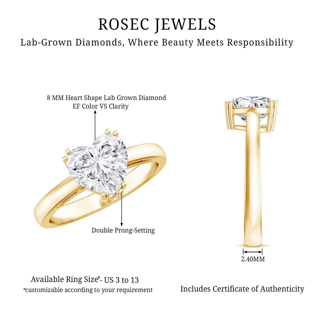 Certified Lab Grown Diamond Heart Engagement Ring 8 MM with Double Prong