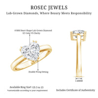 Certified Lab Grown Diamond Heart Engagement Ring 8 MM with Double Prong
