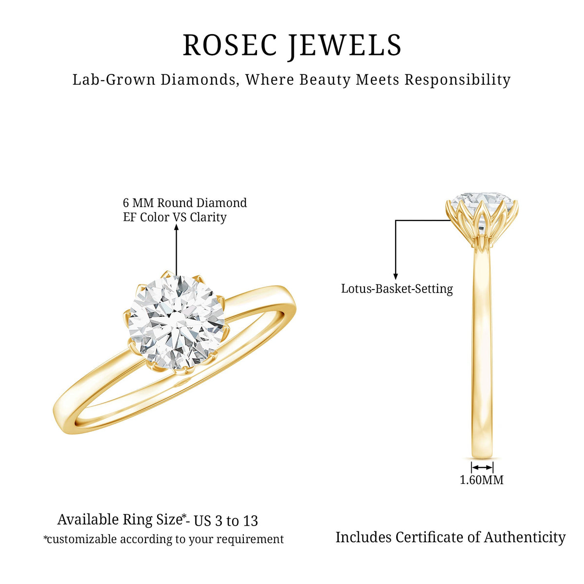 Lab Grown Diamond 6 MM Round Cut Engagement Ring