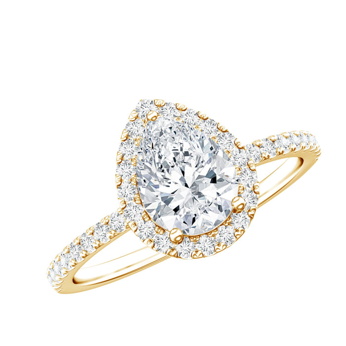 Certified lab-grown diamond pear halo engagement ring from Rosec Jewels with intricate band and sparkling center stone.