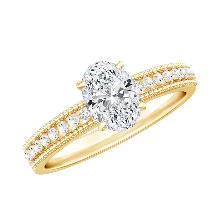 Oval lab-grown diamond engagement ring with vintage-inspired design from Rosec Jewels, featuring intricate detailing and a 0.75 carat center stone.