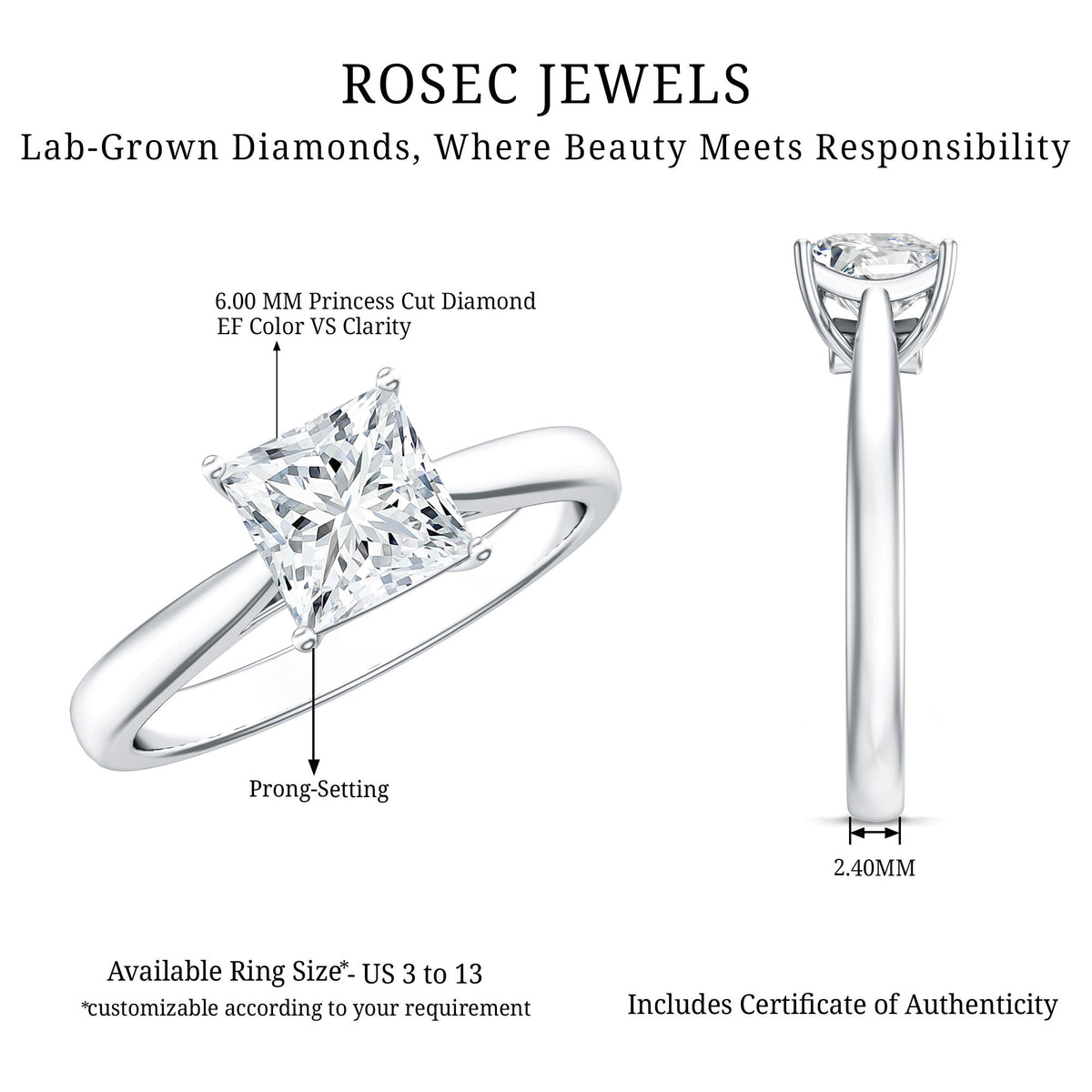 6 MM Princess Cut Lab Grown Diamond Solitaire Engagement Ring For Women