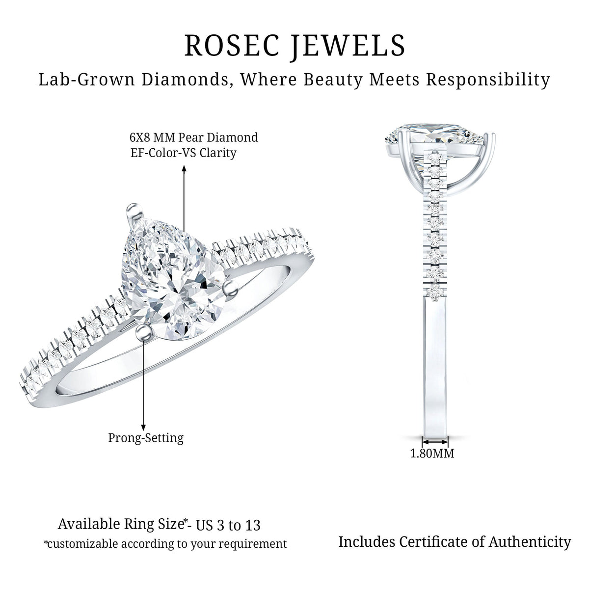 Lab Diamond 6X8 MM Pear Shape Engagement Ring With Side Stones