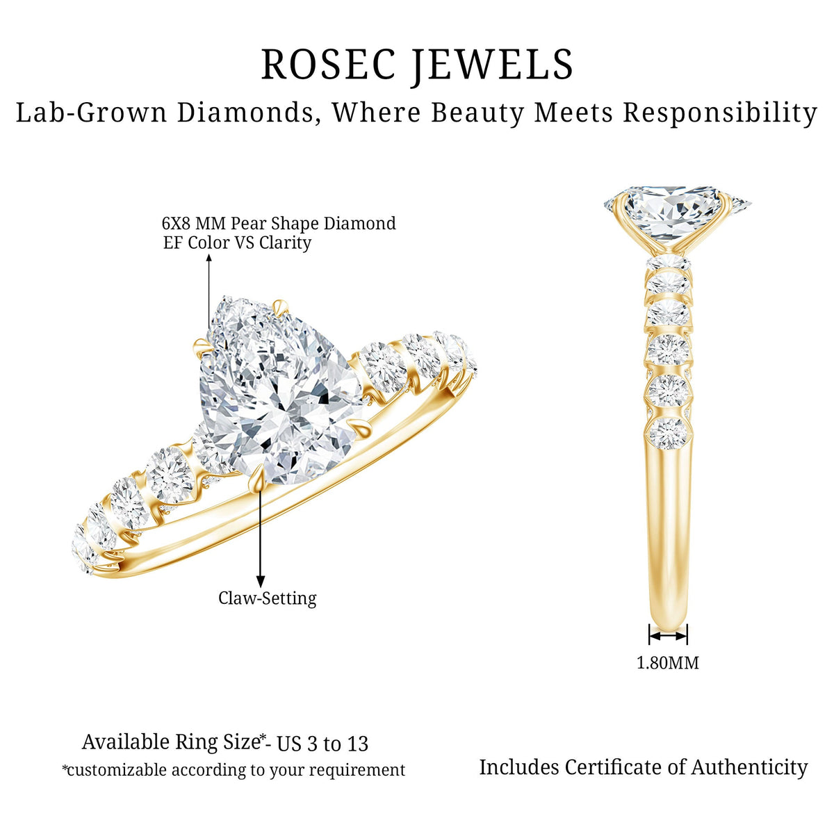 1 CT Pear Cut Lab Grown Diamond Engagement Ring for Women
