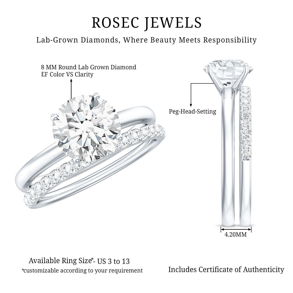 Certified 8 MM Lab Grown Diamond Solitaire Wedding Ring Set