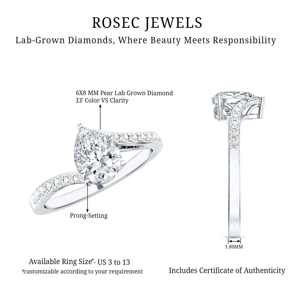 Certified 6X8 MM Pear Cut Lab Created Diamond Teardrop Engagement Ring