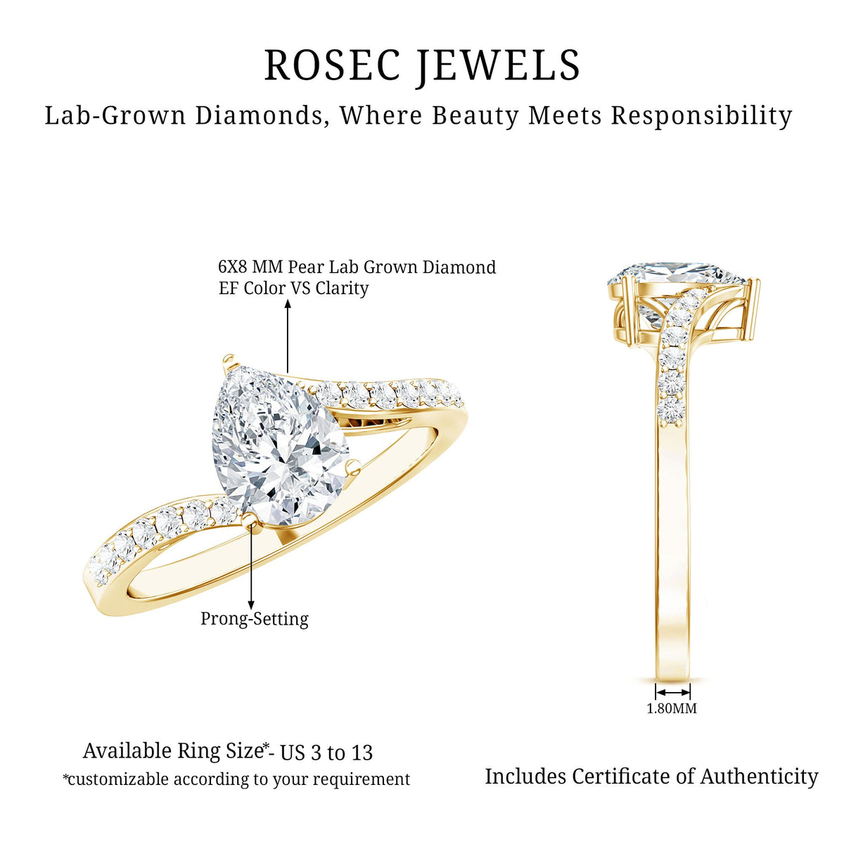 Certified 6X8 MM Pear Cut Lab Created Diamond Teardrop Engagement Ring