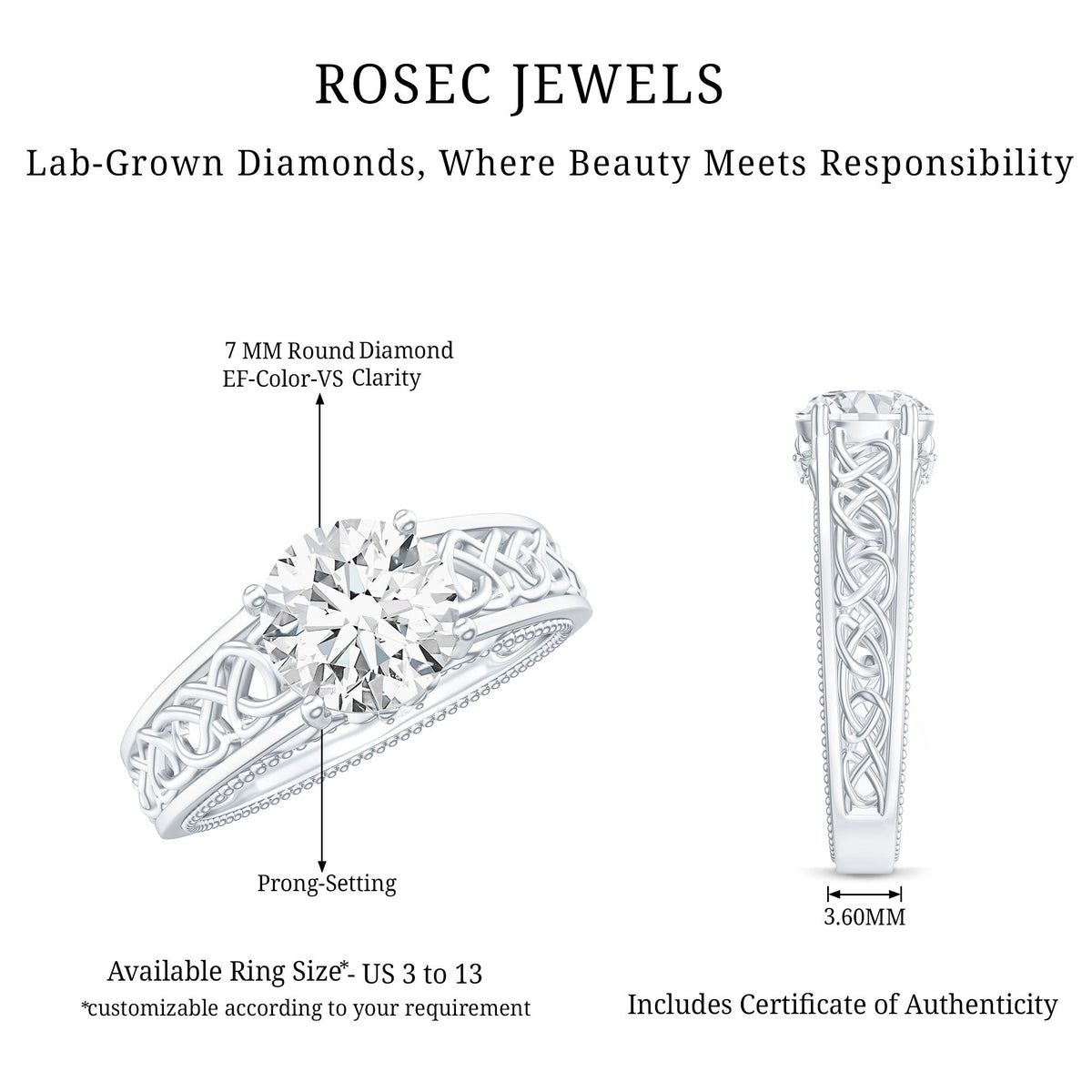 Certified 7 MM Lab Grown Diamond Celtic Design Engagement Ring