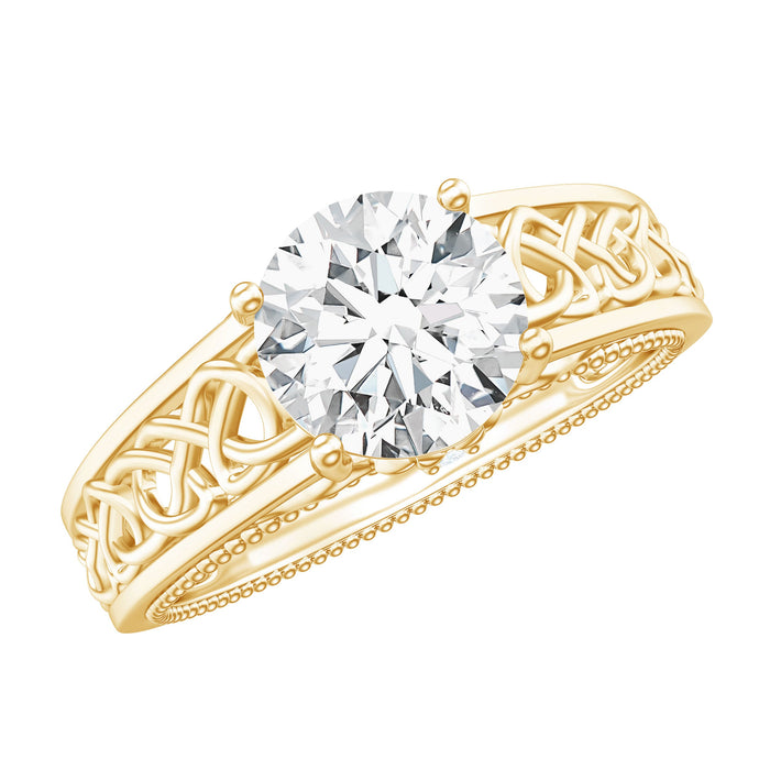 Lab grown diamond Celtic engagement ring with 7mm diamond, crafted by Rosec Jewels, showcasing intricate Celtic design and sparkling center stone.