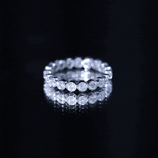 Yellow bezel set lab-grown diamond eternity band ring from Rosec Jewels with sparkling diamonds around the entire band.