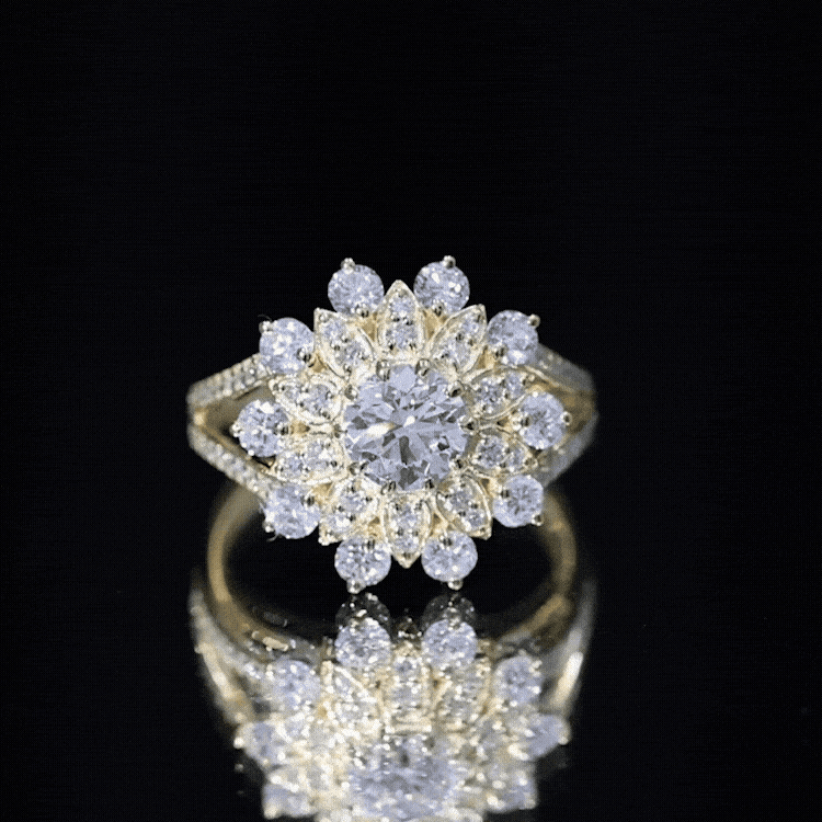 Yellow gold flower-shaped engagement ring with lab-grown diamonds by Rosec Jewels, featuring intricate floral design.