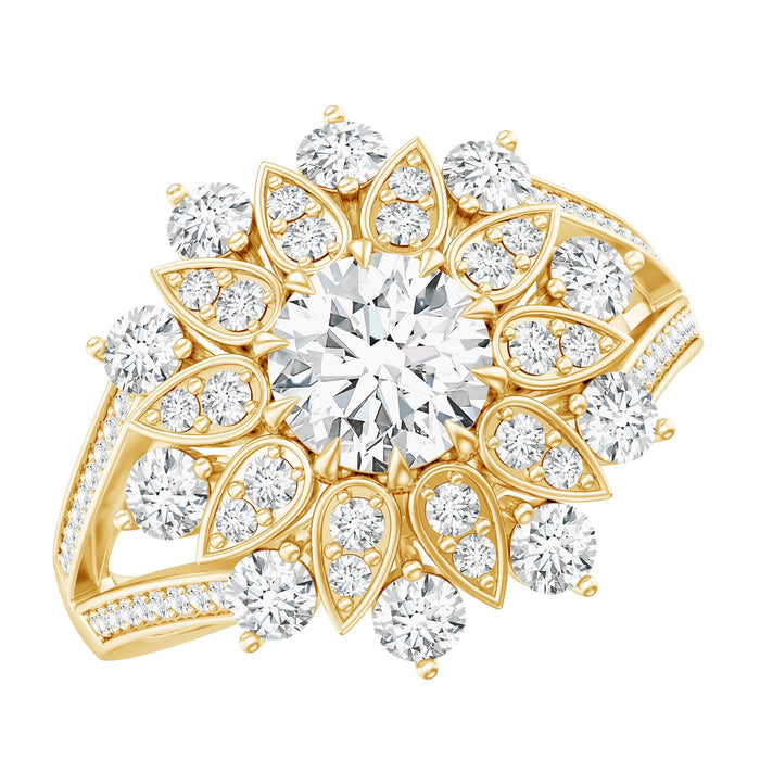 Lab grown diamond flower engagement ring for her by Rosec Jewels, featuring a sparkling floral design in silver-tone metal.