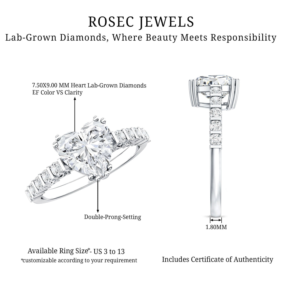 Certified 8 MM Lab Grown Diamond Heart Engagement Ring for Her