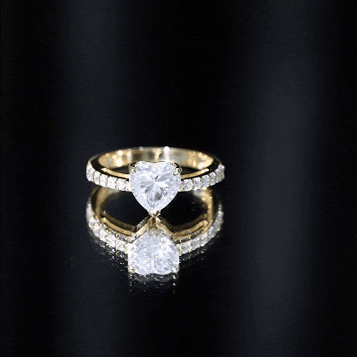 Yellow gold 3 prong lab-grown diamond heart engagement ring for women by Rosec Jewels featuring a sparkling diamond heart centerpiece.