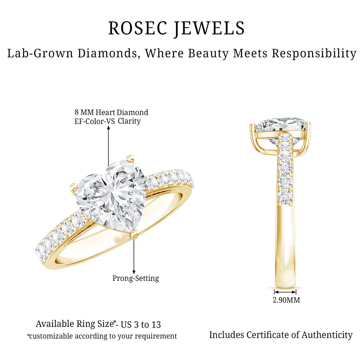 3 Prong Lab Grown Diamond Heart Engagement Ring For Women