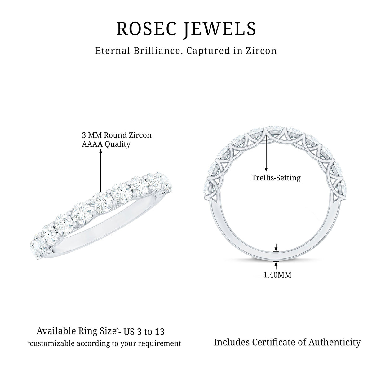 Rosec Jewels cubic zirconia half eternity ring for women, showcasing sparkling stones and sleek band design.