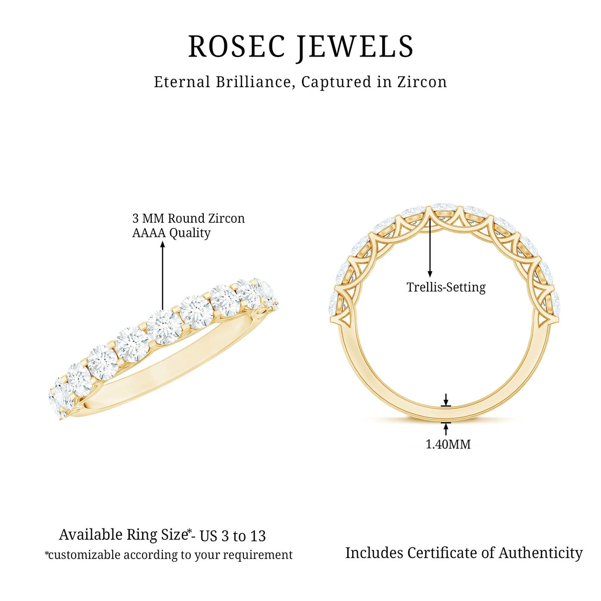 Rosec Jewels cubic zirconia half eternity ring for women, showcasing sparkling stones and polished band on a white background.