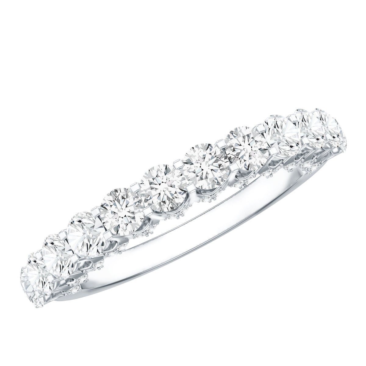 Lab grown diamond half eternity wedding band for women by Rosec Jewels, featuring a row of sparkling diamonds on a sleek ring.