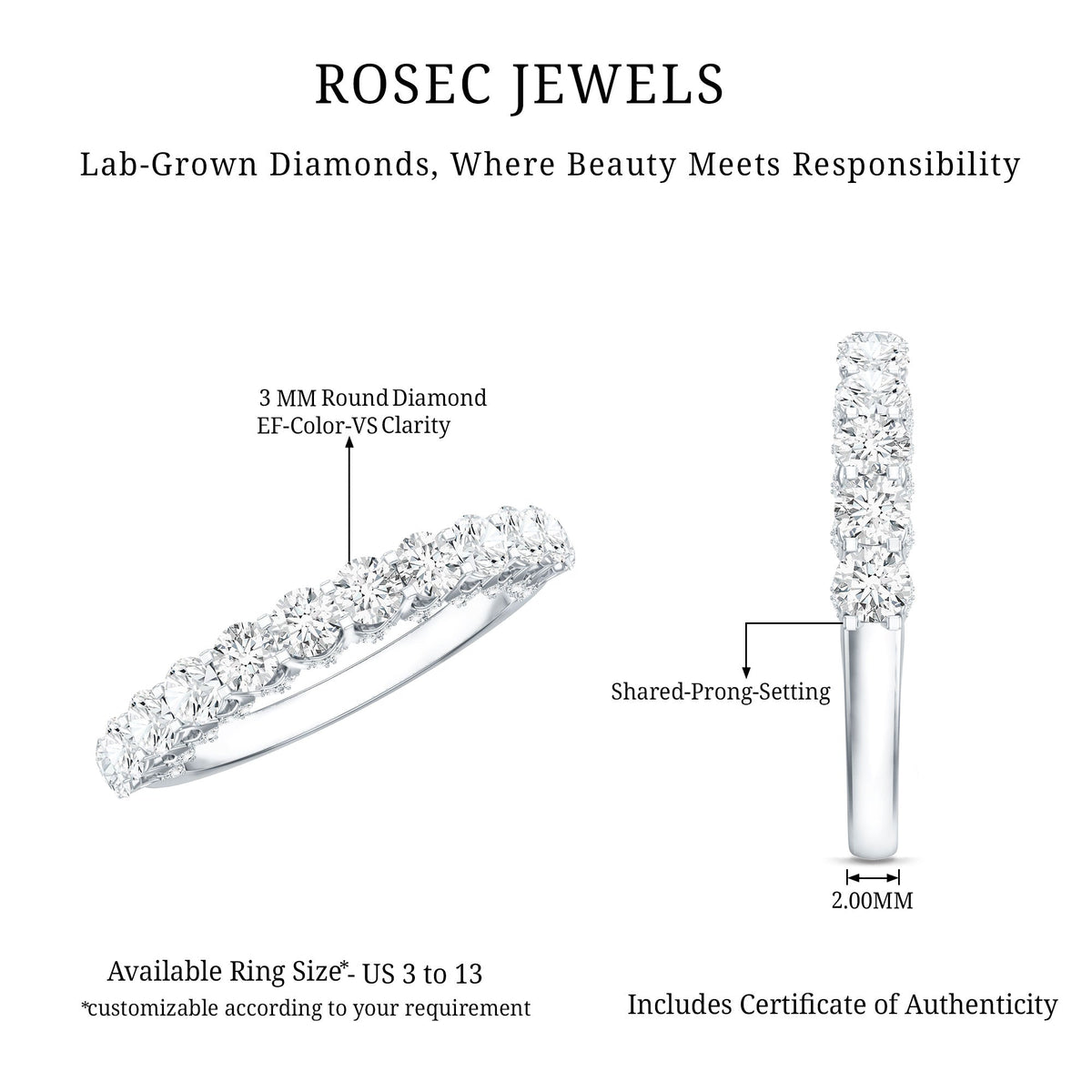 Lab grown diamond half eternity wedding band for women by Rosec Jewels, featuring a row of sparkling diamonds on a sleek ring.