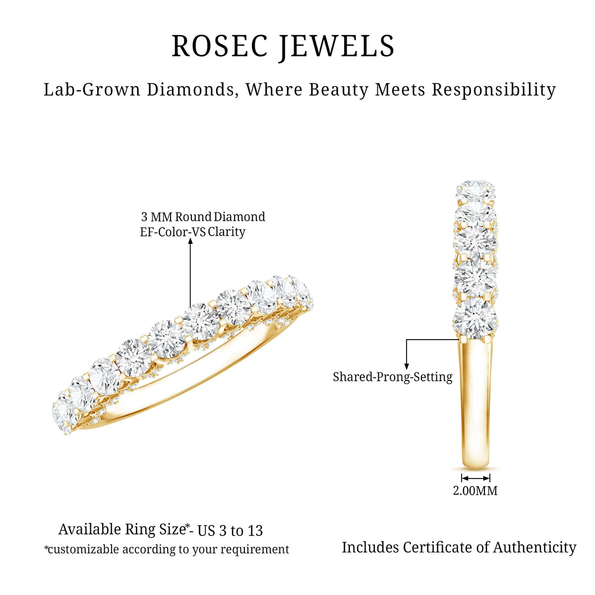 Lab grown diamond half eternity wedding ring for women by Rosec Jewels, showcasing a band with sparkling diamonds and elegant design.