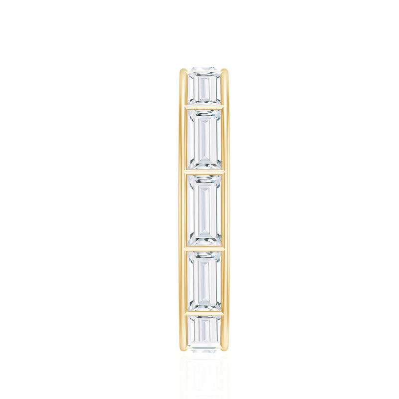 Rosec Jewels Baguette Cut Zircon eternity band ring with east-west design, showcasing sparkling gemstones and a sleek gold band.