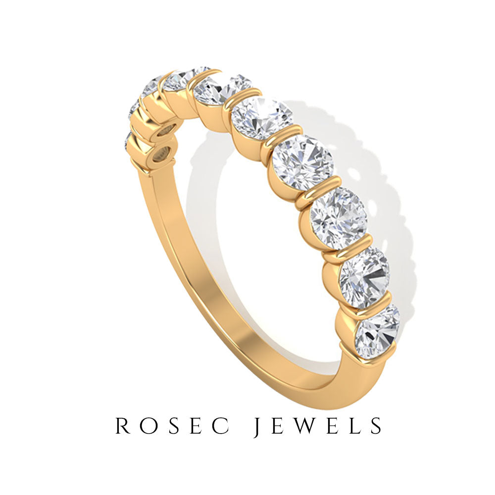 Natural diamond half eternity ring in bar setting by Rosec Jewels, showcasing sparkling diamonds on a sleek gold band.