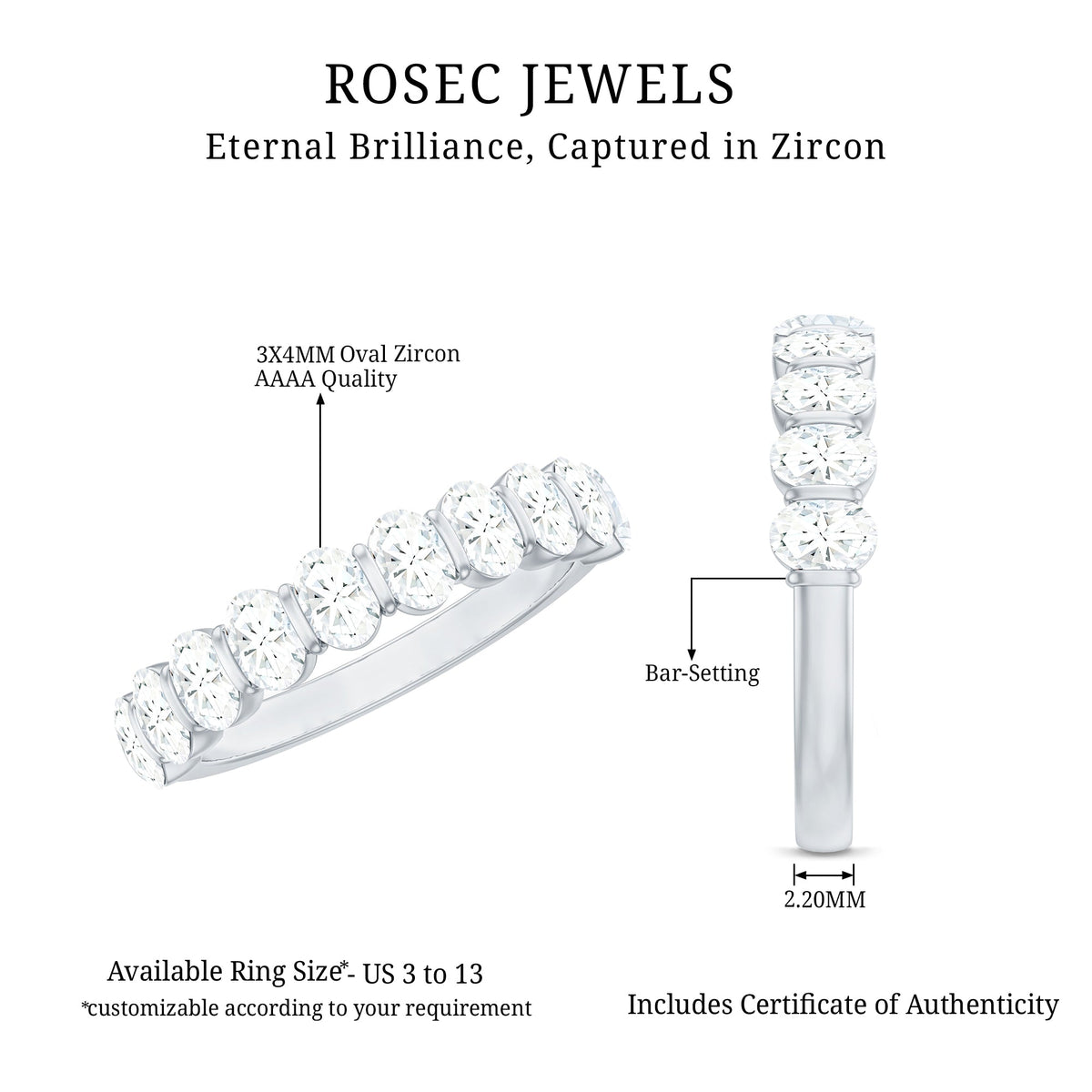 Oval Shaped Cubic Zirconia Half Eternity Band Ring with Certificate