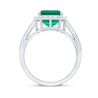 Lab Grown 3 Carat Emerald Cut Emerald Engagement Ring with Diamond Halo