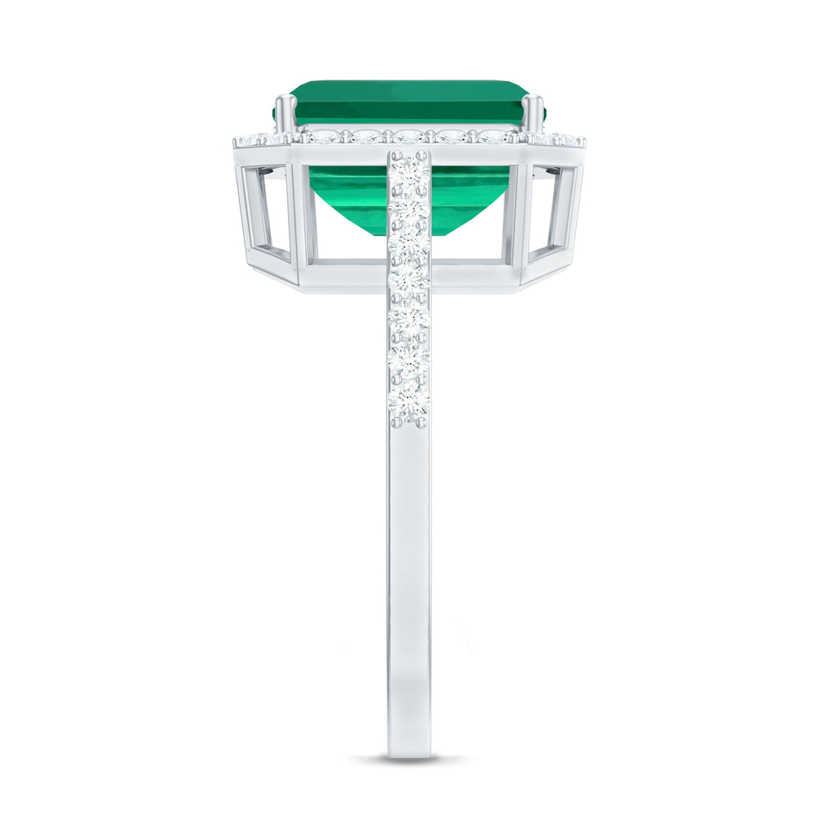 Lab Grown 3 Carat Emerald Cut Emerald Engagement Ring with Diamond Halo