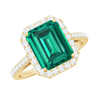 Lab Grown 3 Carat Emerald Cut Emerald Engagement Ring with Diamond Halo