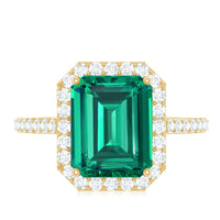 Lab Grown 3 Carat Emerald Cut Emerald Engagement Ring with Diamond Halo