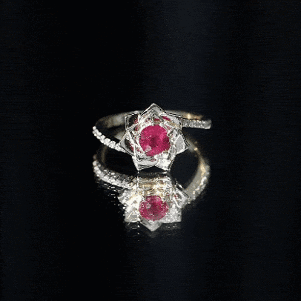 Yellow gold Natural 0.6 carat ruby flower engagement ring with diamond bypass shank from Rosec Jewels.