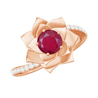 Natural 0.6 carat ruby flower engagement ring with diamond bypass shank by Rosec Jewels, showcasing intricate floral design and sparkling accents.