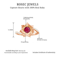 Natural 0.6 carat ruby flower engagement ring with diamond bypass shank from Rosec Jewels, featuring a detailed floral design.