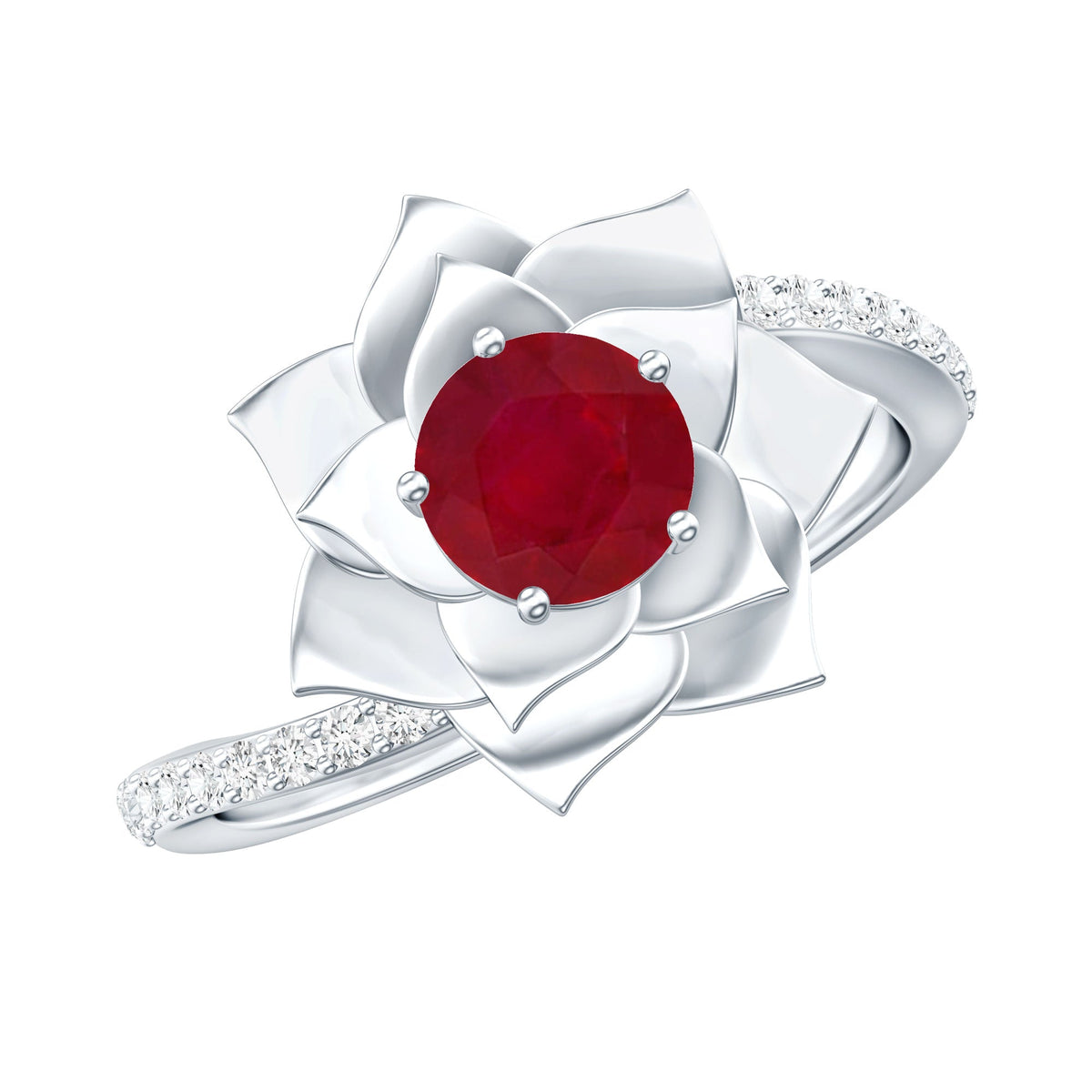 Natural 0.6 carat ruby flower engagement ring with diamond bypass shank by Rosec Jewels, featuring a floral design and elegant craftsmanship.