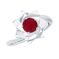 Natural 0.6 carat ruby flower engagement ring with diamond bypass shank by Rosec Jewels, featuring a floral design and elegant craftsmanship.
