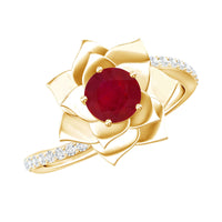 Natural 0.6 carat ruby flower engagement ring with diamond bypass shank, crafted by Rosec Jewels, featuring vibrant gemstones and elegant design.