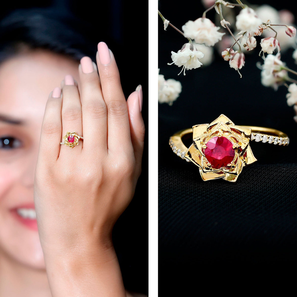 Natural 0.6 carat ruby flower engagement ring with diamond bypass shank by Rosec Jewels, featuring intricate floral design and sparkling accents.