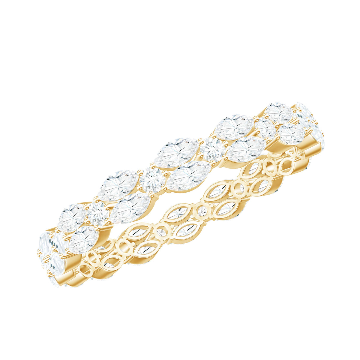 Rosec Jewels full eternity ring featuring marquise and round cut zirconia stones in a sleek silver band.