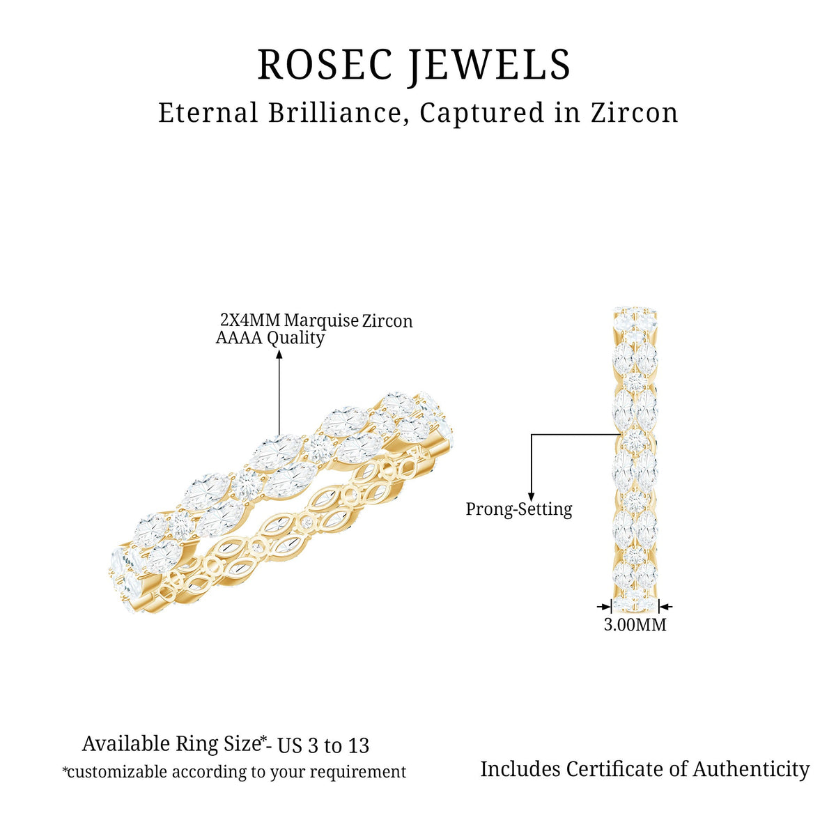 Rosec Jewels marquise and round cut zirconia full eternity ring with alternating sparkling stones on a silver band.