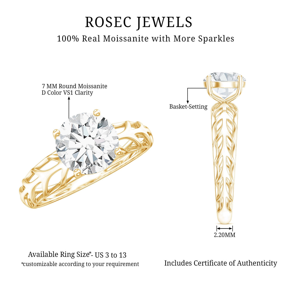 7 MM Solitaire Moissanite Engagement Ring with Filigree Band