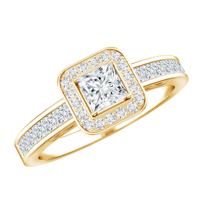 Rosec Jewels lab grown diamond princess cut engagement ring with halo setting, showcasing sparkling center stone and intricate band details.