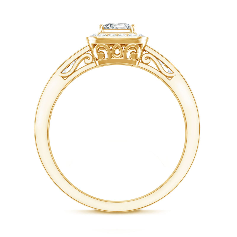 Rosec Jewels lab-grown diamond princess cut engagement ring with halo setting, showcasing sparkling center stone and intricate band details.
