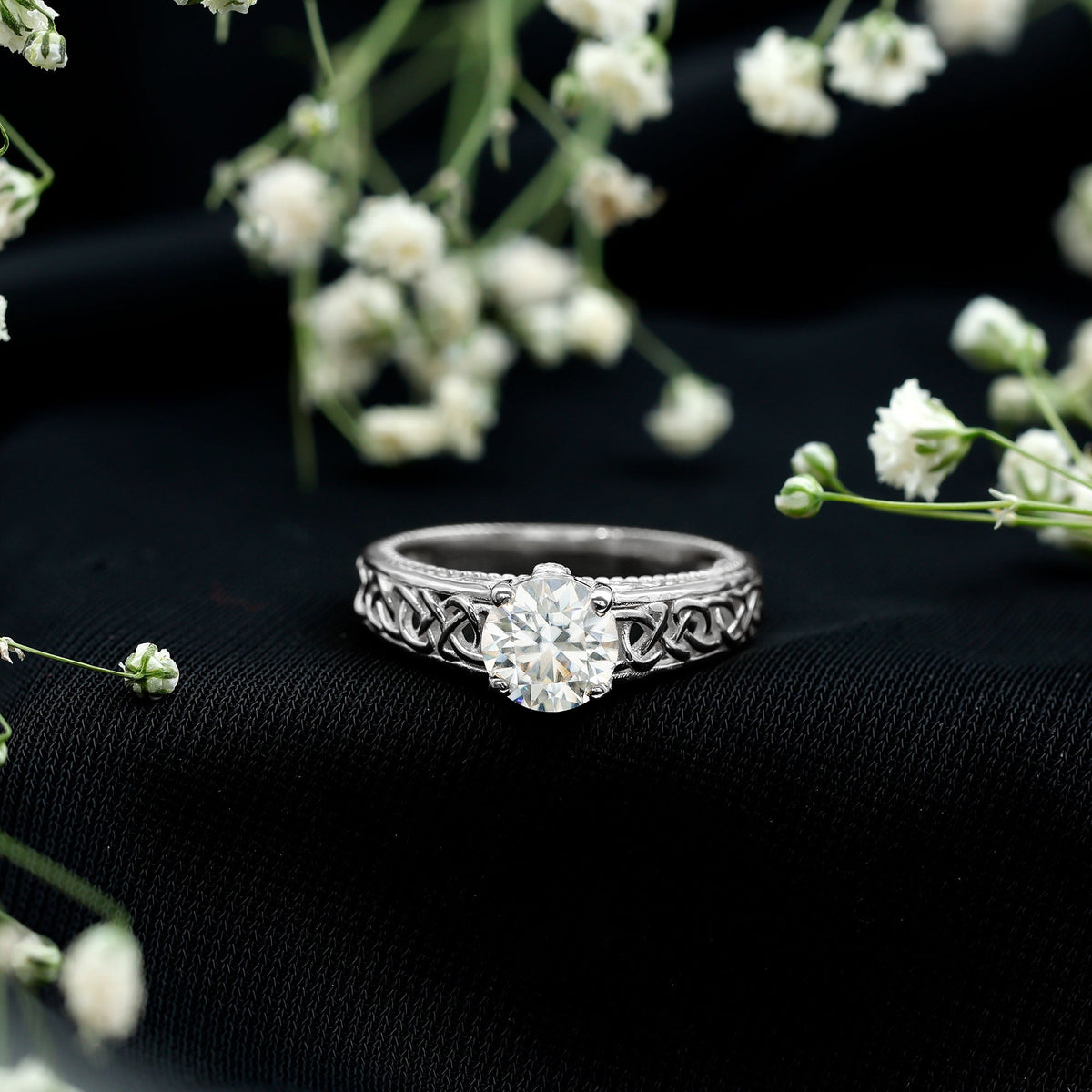 Moissanite Vintage Style Engagement Ring with Celtic Details