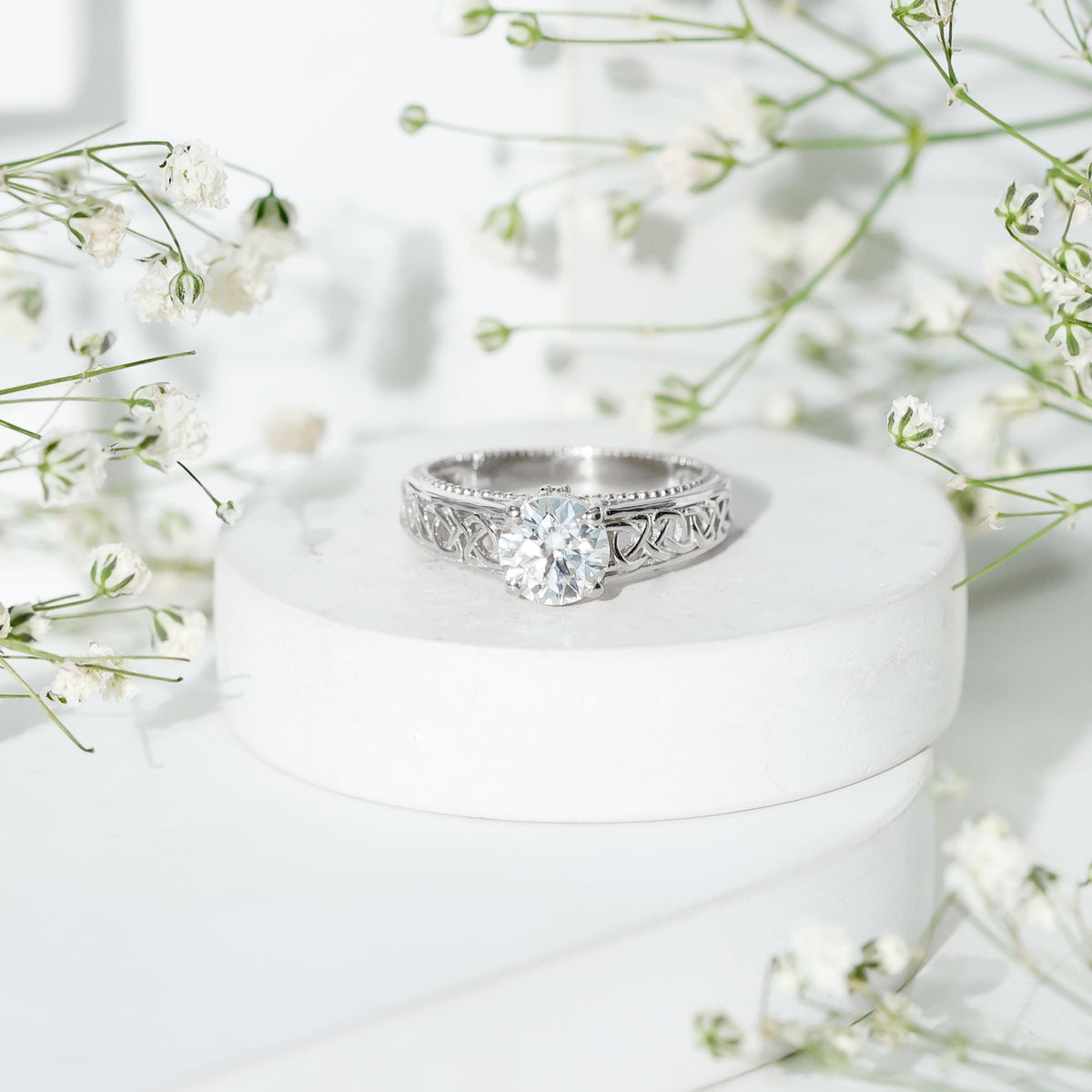 Moissanite Vintage Style Engagement Ring with Celtic Details