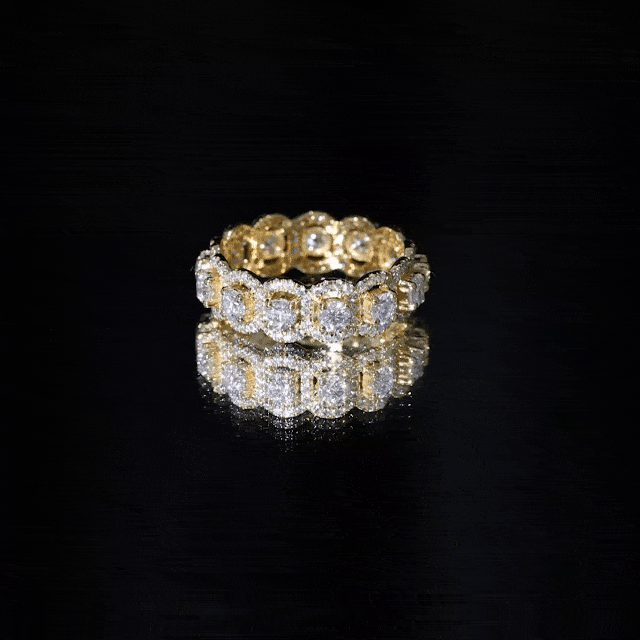 Yellow gold moissanite statement wedding band for women by Rosec Jewels, featuring sparkling certified moissanite stones.
